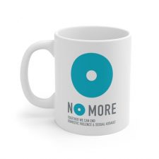 White ceramic mug with No More logo