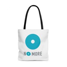 White tote bag with "No More" and No More logo on front