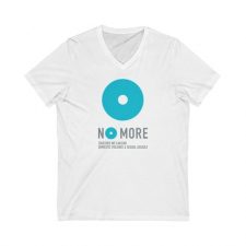 White v-neck t-shirt with No More logo
