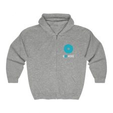 Gray full zip hoodie with No More logo on pocket